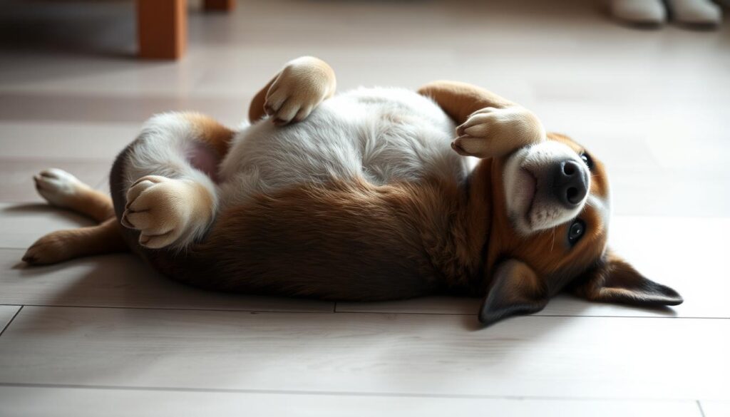 A dog laying on its back, paws up, exposing its belly in a vulnerable yet relaxed pose. The scene is captured with a shallow depth of field, blurring the background and drawing focus to the canine's expressive body language. Soft, diffused lighting from an overhead source creates subtle shadows, accentuating the dog's contours and the texture of its fur. The camera angle is slightly above, conveying a sense of observation and interpretation of the animal's state of mind. The overall mood is contemplative, inviting the viewer to consider the significance and meaning behind the dog's position.