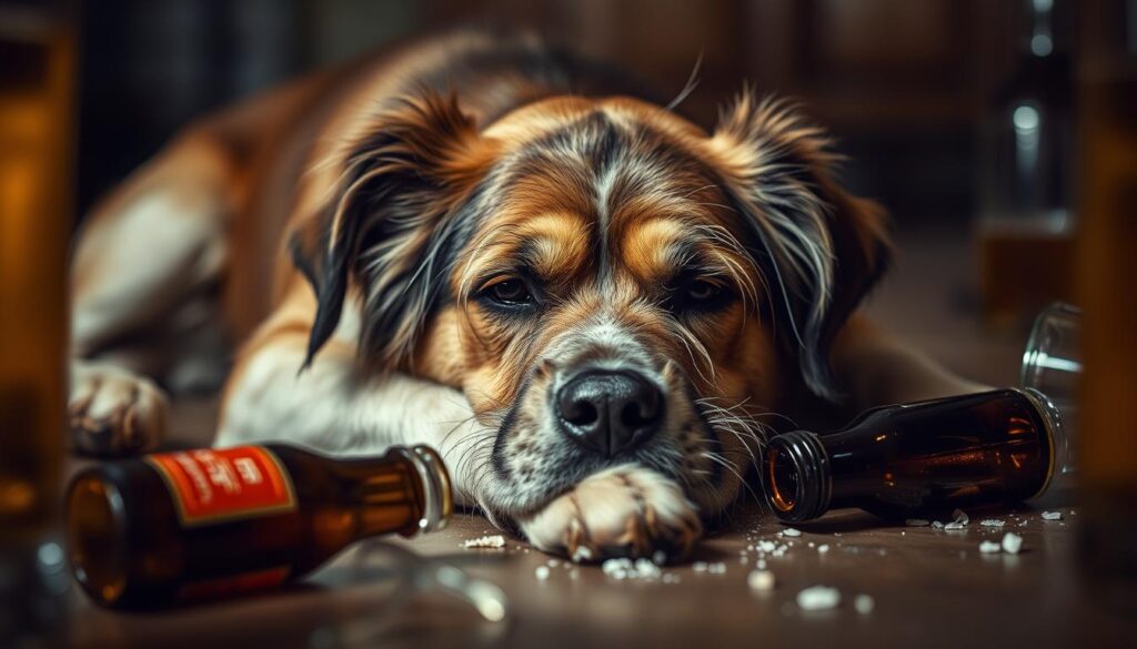 A dog lying lethargically on the floor, its expression dazed and unfocused, surrounded by spilled beer bottles and glasses. The lighting is dim, creating a somber, melancholic atmosphere. The dog's fur appears disheveled, and its body language suggests discomfort and disorientation. The background is blurred, emphasizing the dog as the central subject. The scene conveys the detrimental effects of alcohol consumption on a canine's well-being, reflecting the article's focus on the dangers of dogs ingesting alcohol.