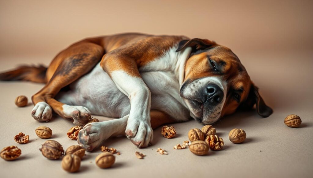 A dog lying on the floor, its belly distressed, surrounded by scattered walnut shells and half-eaten nuts. The animal's facial expression reflects discomfort, its eyes slightly glazed. The background is a neutral, muted palette, drawing focus to the dog's pained posture. Soft, warm lighting from an unseen source casts gentle shadows, creating a sense of intimacy and concern. The scene is captured at a medium angle, providing a balanced, empathetic perspective. The overall mood conveys the consequences of canine nut consumption, a cautionary tale of the dangers lurking in seemingly innocuous foods.