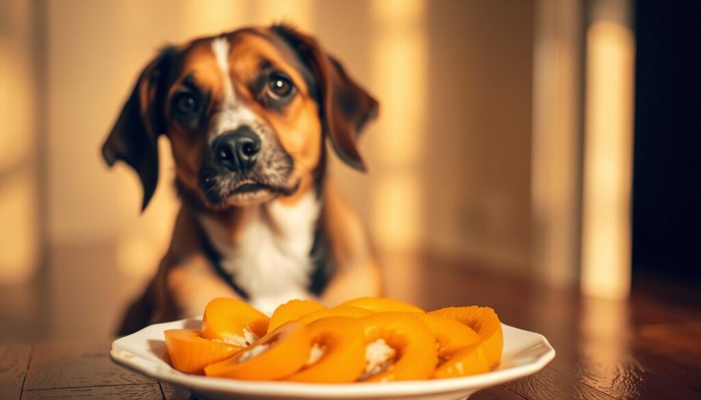 A dog sitting attentively, its eyes fixed on a plate holding sliced kaki fruit. The fruit is carefully arranged in an aesthetically pleasing manner, showcasing its vibrant orange hues and soft, translucent flesh. The dog's expression is one of curiosity and anticipation, its head tilted slightly to the side. The scene is bathed in warm, diffused lighting, creating a cozy and inviting atmosphere. The background is blurred, maintaining focus on the dog and the kaki fruit, emphasizing the safe and healthy presentation of this exotic treat. The overall composition conveys a sense of care and consideration for the dog's well-being, in line with the article's section on the safe way to introduce kaki to a canine's diet. A dog sitting attentively, its eyes fixed on a plate holding sliced kaki fruit. The fruit is carefully arranged in an aesthetically pleasing manner, showcasing its vibrant orange hues and soft, translucent flesh. The dog's expression is one of curiosity and anticipation, its head tilted slightly to the side. The scene is bathed in warm, diffused lighting, creating a cozy and inviting atmosphere. The background is blurred, maintaining focus on the dog and the kaki fruit, emphasizing the safe and healthy presentation of this exotic treat. The overall composition conveys a sense of care and consideration for the dog's well-being, in line with the article's section on the safe way to introduce kaki to a canine's diet.