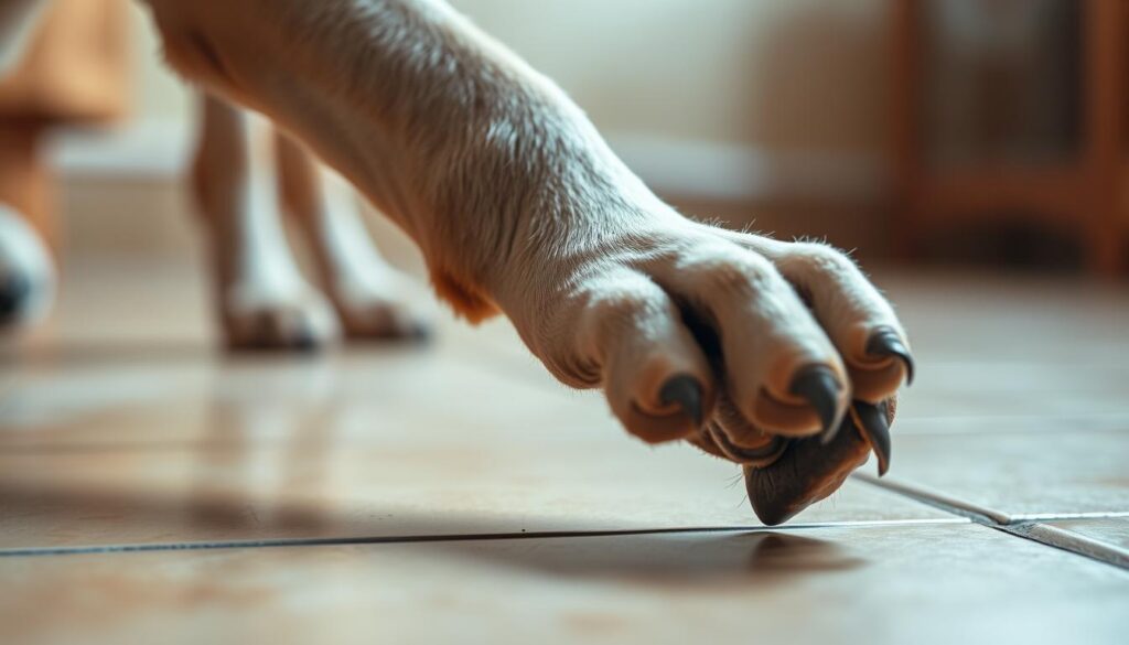 A dog's paw tentatively reaching out, exploring the foreign surface of a tile floor, conveying a sense of primal curiosity and instinct. Diffuse, warm lighting bathes the scene, casting soft shadows that accentuate the animal's musculature and texture of its fur. The background is softly blurred, placing the focus squarely on the dog's paw and its innate, almost subconscious drive to investigate its environment. The composition is tight, emphasizing the tactile connection between the dog and the ground, representing the instinctual behaviors that drive a canine to engage with its surroundings in this manner.