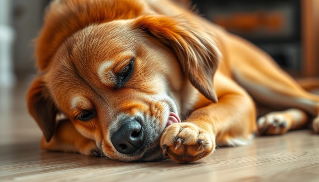 A domestic dog lying on the floor, gently licking and grooming its paw, showcasing its innate caretaking instinct. The scene is captured in soft, natural lighting that accentuates the dog's warm, copper-colored coat and tender expression. The background is blurred, creating a sense of intimacy and focus on the dog's attentive behavior. The angle is slightly elevated, allowing the viewer to observe the dog's nurturing actions up close, conveying the essence of a canine's inherent desire to maintain its own hygiene and well-being.