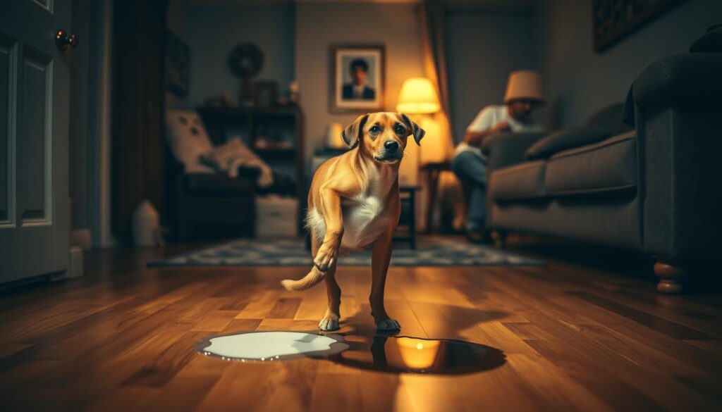A domestic interior scene, dimly lit with warm, soft lighting. In the foreground, a guilty-looking dog stands next to a small puddle on the hardwood floor, tail tucked between its legs. The dog's body language suggests anxiety and discomfort. In the middle ground, various household items like furniture and decor provide context, hinting at the dog's home environment. The background is blurred, but suggests a cozy, lived-in space. The overall atmosphere is one of understanding and empathy, as if the viewer is observing and trying to comprehend the reasons behind the dog's inappropriate urination behavior.