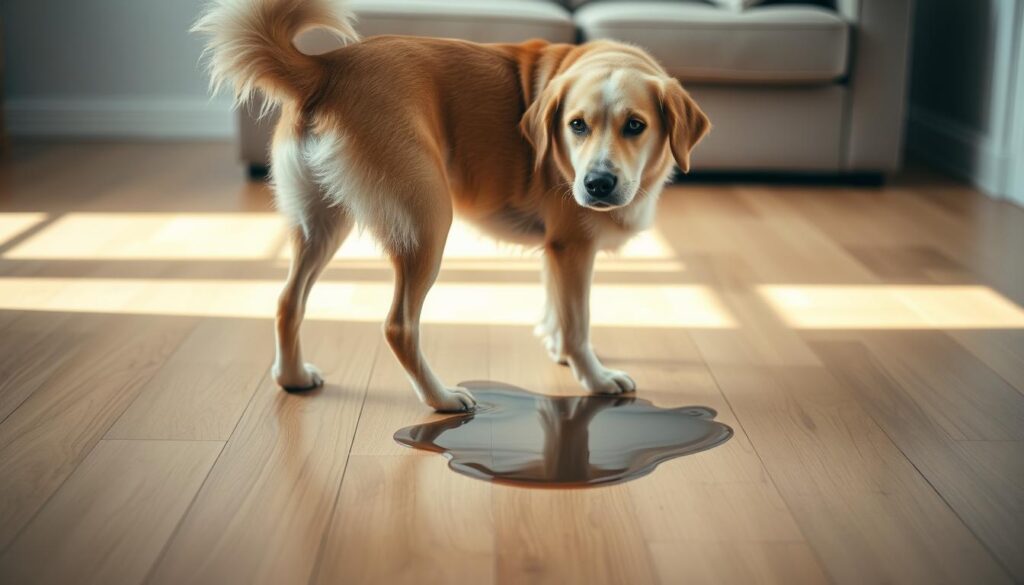 A domestic interior scene with a middle-aged dog standing on a hardwood floor, tail lowered and a sheepish expression on its face, surrounded by a small puddle. The lighting is soft, natural, and diffused, creating a warm, slightly muted color palette. The background features simple furnishings like a sofa or chair, suggesting a comfortable, lived-in home environment. The composition draws the viewer's attention to the dog's behavior, inviting contemplation of the reasons behind this common household issue.
