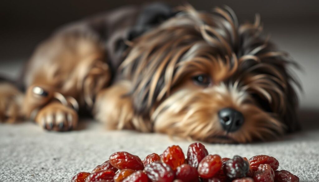 A furry canine companion lies distressed, its coat a dull, listless shade, eyes glazed with discomfort. In the foreground, a pile of vibrant, ruby-hued raisins, the culprit behind the dog's affliction. The scene is bathed in a soft, muted light, casting a somber, cautionary tone. The middle ground features the dog's anguished expression, its body language conveying the painful symptoms of raisin toxicity. The background blurs into a neutral, nondescript setting, keeping the focus on the central narrative. Captured with a shallow depth of field, the image underscores the gravity of the situation, a stark warning about the dangers of this seemingly innocuous treat for our canine companions.