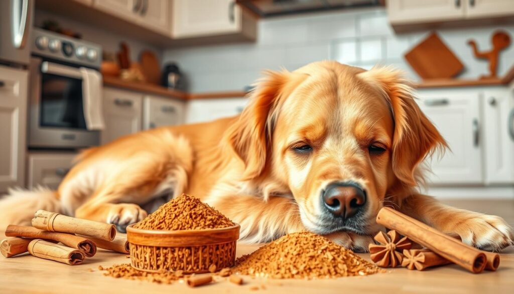 A golden retriever lounging in a cozy kitchen, surrounded by cinnamon sticks, cinnamon powder, and healthy dog treats. The dog's expression is calm and content, suggesting the restorative benefits of this aromatic spice. Warm, diffused lighting creates a soothing atmosphere, while the clean, minimalist background allows the key elements to take center stage. The scene conveys the idea of cinnamon's potential therapeutic properties for canine well-being.