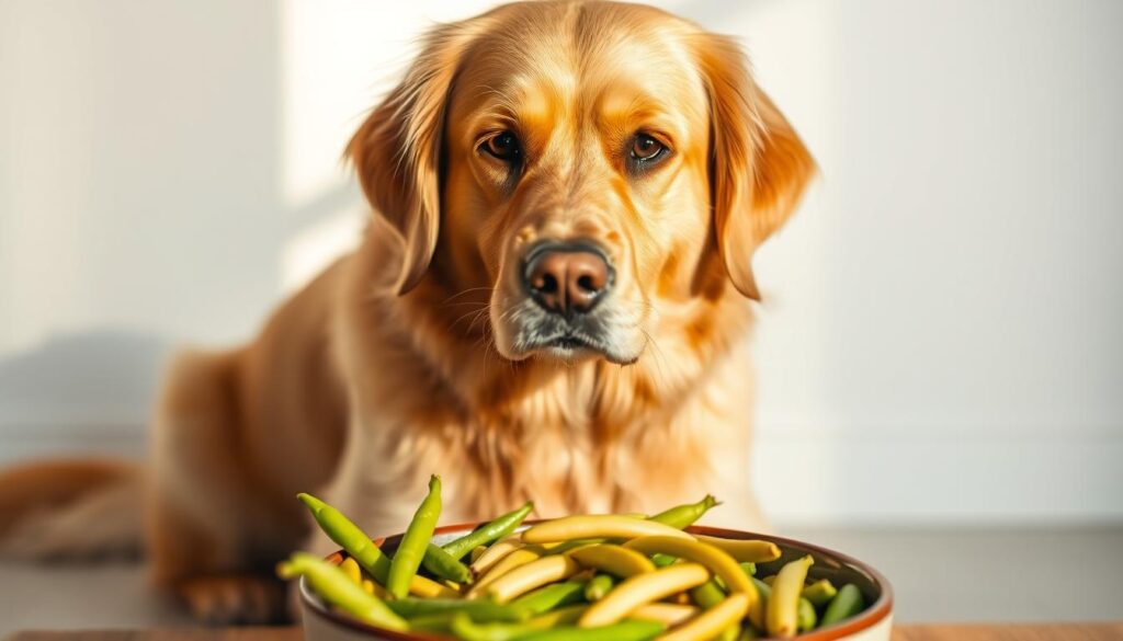 A golden retriever sitting attentively, its eyes fixed on a bowl filled with fresh green and yellow beans. The dog's expression conveys a sense of anticipation and curiosity, as if it's considering whether this unfamiliar food might be a tasty treat. The scene is illuminated by warm, natural lighting, casting soft shadows and highlighting the dog's soft, fluffy fur. The background is blurred, keeping the focus on the dog and the bowl of beans, set against a clean, uncluttered setting that emphasizes the simplicity of the moment.