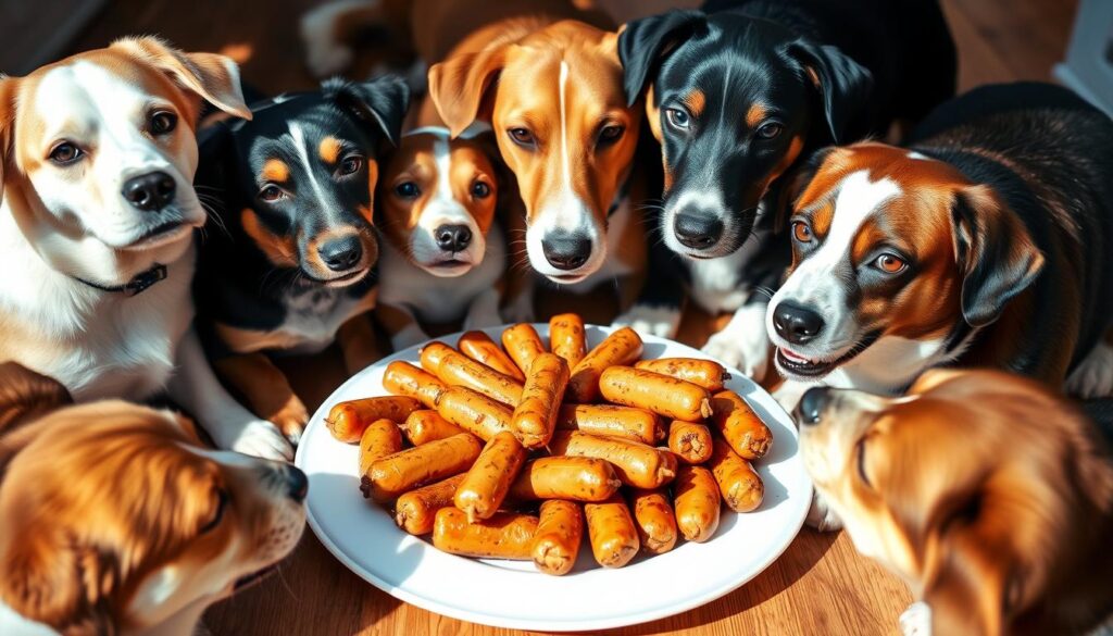A group of playful dogs gathered around a plate of sizzling, golden-brown sausages, their eyes fixed intently on the tempting treat. The scene is bathed in warm, natural lighting, casting soft shadows that add depth and texture to the composition. The dogs' diverse breeds and postures - some sitting patiently, others eagerly leaning in - create a lively, engaging tableau. The background is blurred, allowing the viewer to focus on the delectable centerpiece and the canines' captivated expressions. This image captures the close bond between dogs and their favorite savory snack, perfectly illustrating the section on dog owners' perspectives on feeding sausage to their beloved pets.
