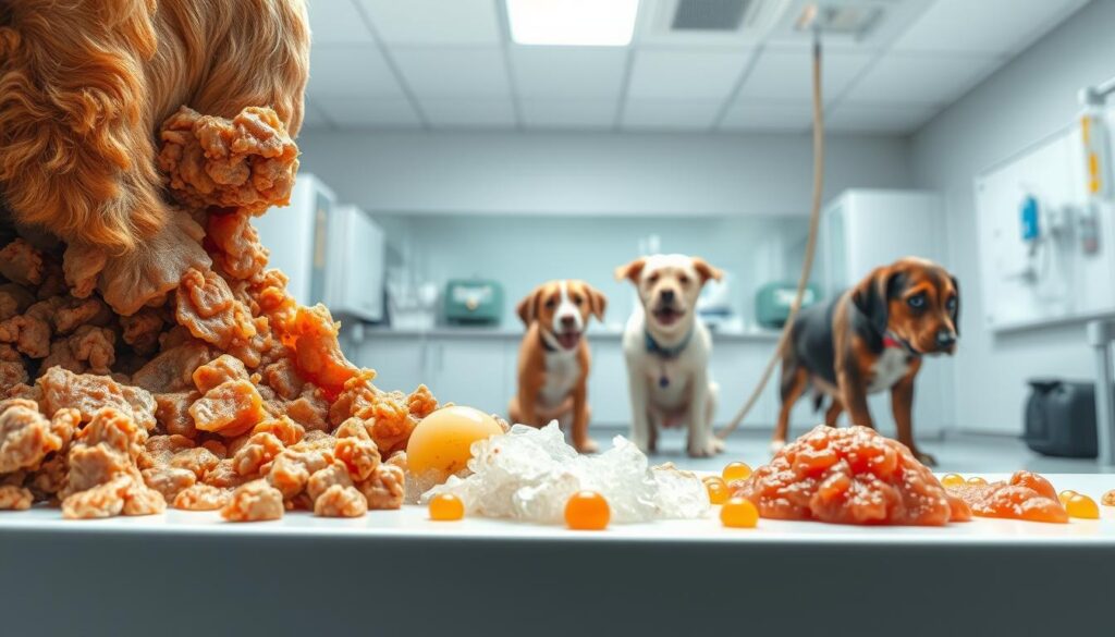 A highly detailed medical illustration depicting various types of dog vomit. In the foreground, a close-up view showcases different textures and colors of vomit, from thick and chunky to watery and foamy. In the middle ground, multiple dogs of different breeds are shown vomiting, captured in dynamic poses. The background features a clean, clinical setting with medical equipment and supplies, suggesting a veterinary examination room. The lighting is bright and even, highlighting the nuances of the vomit samples. The overall mood is educational and informative, designed to visually communicate the diversity of vomit types that veterinarians may encounter when diagnosing canine gastrointestinal issues.