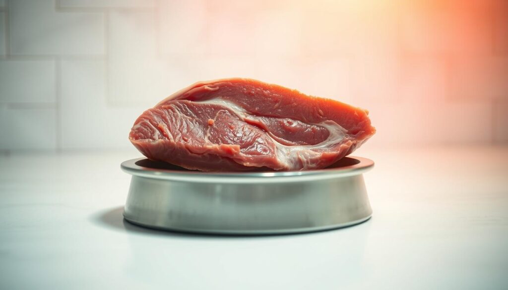 A juicy, tender slab of pork meat, freshly butchered and glistening under the warm kitchen lighting. The pinkish-red hue of the raw flesh is complemented by the subtle marbling, hinting at the succulent texture that awaits. In the foreground, a well-cleaned stainless steel bowl stands ready to receive the portion, while in the background, a clean, minimalist tile backdrop provides a clean, hygienic setting. The composition conveys the idea of a wholesome, nutritious meal for a canine companion, with a focus on the quality and safety of the raw pork ingredient.