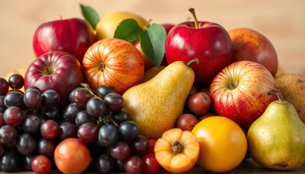 A lush and vibrant assortment of various fruits, including juicy apples, ripe pears, succulent grapes, and other enticing "inne owoce" (other fruits) that could potentially be safe for canine consumption. The arrangement is set against a softly blurred, warm-toned background, with gentle natural lighting highlighting the rich colors and textures of the fruit. The composition is balanced and visually appealing, inviting the viewer to imagine which of these healthy options a dog might be able to enjoy as a tasty and nutritious treat.