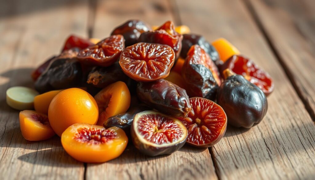 A lush, close-up composition showcasing an assortment of dog-safe dried fruits, including plump dates, juicy figs, and vibrant apricots, artfully arranged on a rustic wooden surface. The lighting is soft and warm, casting gentle shadows and highlighting the natural textures and vibrant colors of the fruits. The scene conveys a sense of nourishment and wholesome goodness, inviting the viewer to consider the potential nutritional benefits of these ingredients for a canine companion.
