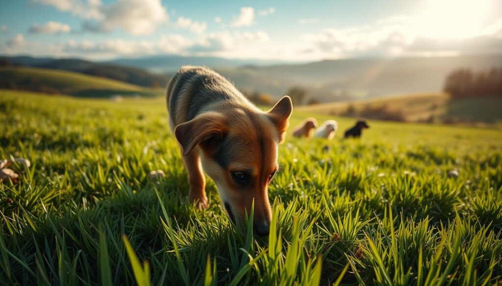 A lush green meadow, the sun's warm rays filtering through wispy clouds. In the foreground, a curious canine, head lowered, intently grazing on the verdant grass. Their focused expression suggests a primal, instinctual need to consume this natural foliage. The middle ground reveals other dogs, some sitting calmly, others joining in the grazing behavior. In the background, a serene landscape unfolds, rolling hills, and a distant forest edge, creating a sense of tranquility. The lighting is soft, almost ethereal, casting a gentle glow over the scene. The overall mood is one of natural curiosity and the dog's innate desire to explore their environment through this unique dietary behavior.