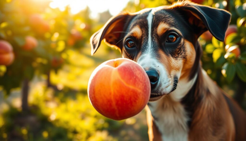 A lush, sun-dappled orchard backdrop, with a fresh, juicy peach taking center stage. The peach's skin glistens, its vibrant hues radiating a sense of health and vitality. In the foreground, a curious canine, its head tilted slightly, examines the peach with a discerning gaze, as if pondering its potential benefits. The scene is illuminated by warm, golden lighting, creating a welcoming, inviting atmosphere. The overall composition conveys the notion of a nutritious, dog-friendly treat, aligning with the article's exploration of peaches as a healthy snack for our four-legged companions.