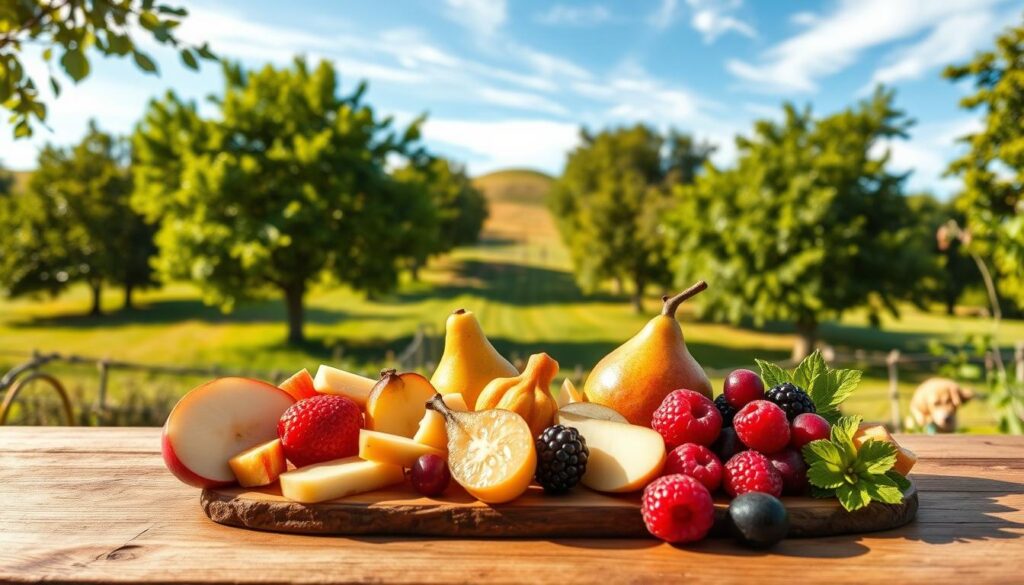 A lush, sun-dappled orchard scene showcasing an array of vibrant, juicy alternative dog treats. In the foreground, an assortment of dog-safe fruits like sliced apples, pears, and sweet berries artfully arranged on a rustic wooden board. The middle ground features a gently rolling hillside dotted with lush, leafy trees casting warm, soft shadows. In the background, a serene blue sky with wispy clouds creates a calming, pastoral atmosphere. The lighting is natural and diffused, highlighting the rich colors and textures of the scene. The overall mood is one of wholesome, healthy indulgence for our canine companions.