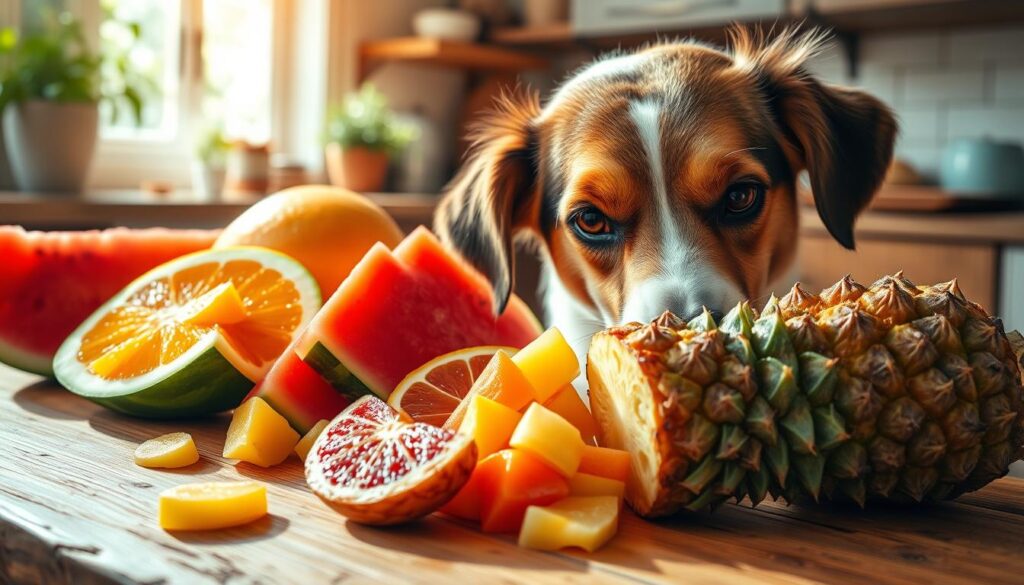 A lush, sun-dappled scene of an assortment of vibrant, juicy fruits - sliced watermelon, bright orange segments, and succulent pineapple chunks - artfully arranged on a wooden table. The colors are rich and the lighting is soft, creating a warm, inviting atmosphere. In the foreground, a curious dog sniffs and examines the array of tempting treats, its attentive gaze suggesting a desire to partake. The background features a cozy, rustic kitchen setting, hinting at the domestic setting where this canine companion resides. The overall composition evokes a sense of natural harmony and the potential benefits or risks of incorporating these nutritious fruits into a dog's diet.