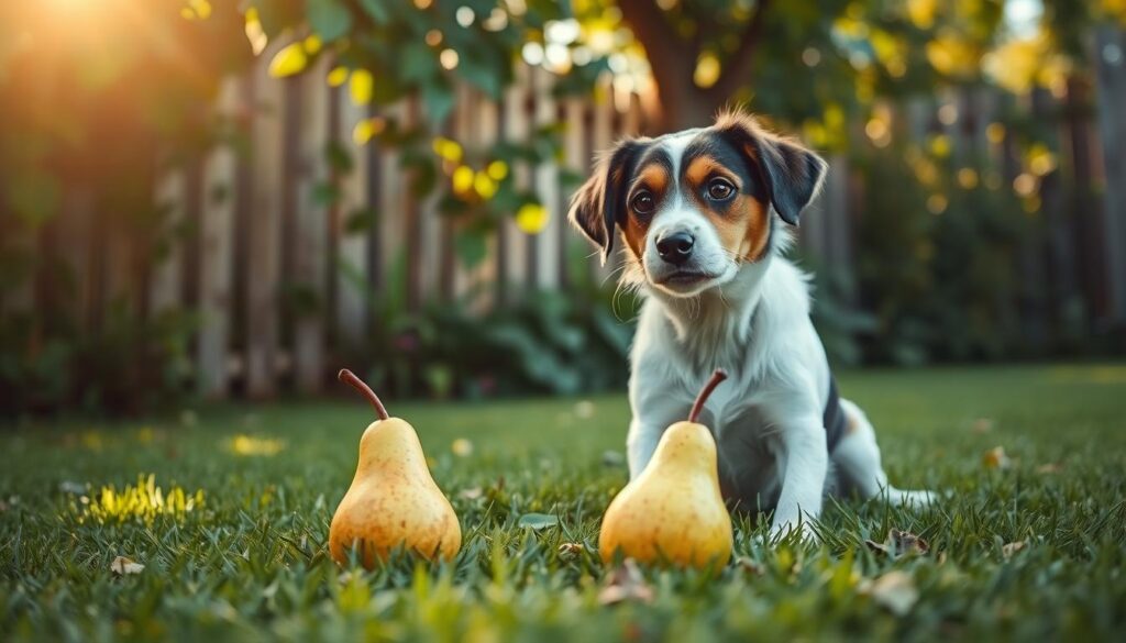 A lush, verdant backyard setting with a playful dog sitting attentively, examining a ripe pear resting on the grass. Soft, warm lighting filters through the leaves, casting a tranquil glow. The dog's expression conveys a curious, almost contemplative mood as it considers the unfamiliar fruit. In the background, a wooden fence and swaying foliage create a sense of peace and serenity. The composition emphasizes the harmonious coexistence of the dog and the pear, hinting at the potential health benefits of this unexpected pairing.