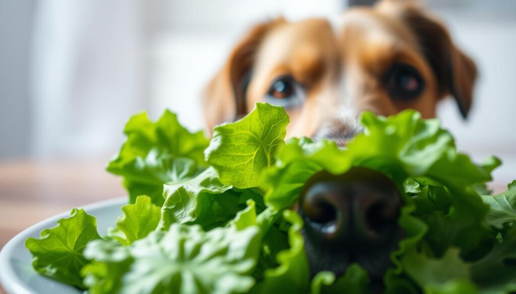 A lush, verdant close-up of fresh green leaf lettuce, its crisp, succulent leaves glistening under soft, diffused natural lighting. The salad is artfully arranged on a clean, white ceramic plate, conveying a sense of purity and simplicity. In the foreground, a curious, attentive dog's snout emerges, its brown eyes and wet nose reflecting a genuine interest in the nutritious greens. The background is blurred, placing the focus solely on the dog and the potential health benefits of the salad for its canine companion. The overall mood is one of tranquility, curiosity, and the harmonious coexistence of man's best friend with the nourishing bounty of nature.