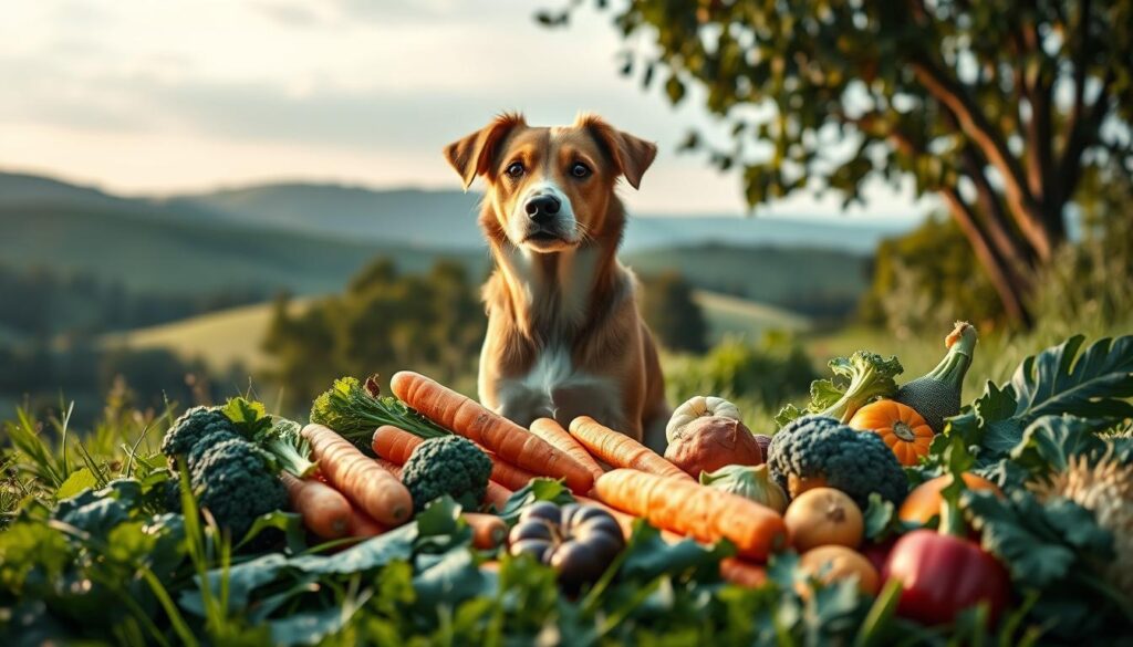 A lush, verdant scene showcasing the importance of vegetables in a dog's diet. In the foreground, a friendly canine sits attentively, its eyes filled with curiosity as it gazes upon a vibrant array of vegetables, including carrots, broccoli, and leafy greens. The mid-ground features a carefully curated selection of these nutrient-rich foods, arranged in a visually appealing manner, their colors and textures accentuated by soft, warm lighting. In the background, a soothing, natural landscape sets the stage, with rolling hills and a serene sky, creating a peaceful, inviting atmosphere. The overall scene conveys the essential role that vegetables play in maintaining a healthy, balanced diet for our canine companions.
