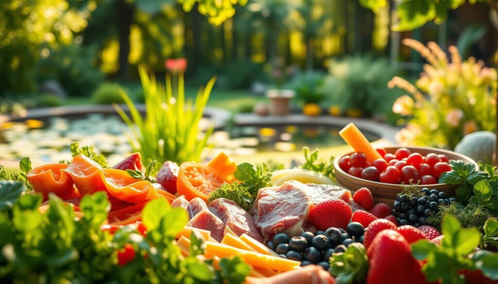A lush, vibrant outdoor scene depicting a healthy, balanced diet for a canine companion. In the foreground, an array of fresh, nutritious ingredients - succulent meats, crisp vegetables, and antioxidant-rich berries. In the middle ground, a well-tended garden with lush foliage and a calming pond, hinting at the natural, holistic approach to canine wellness. The background features a serene, sun-dappled forest, conveying a sense of harmony and vitality. Warm, golden lighting filters through the scene, imbuing it with a soothing, naturalistic ambiance. The composition is carefully balanced, showcasing the importance of a well-rounded, species-appropriate diet for the dog's optimal health and longevity.