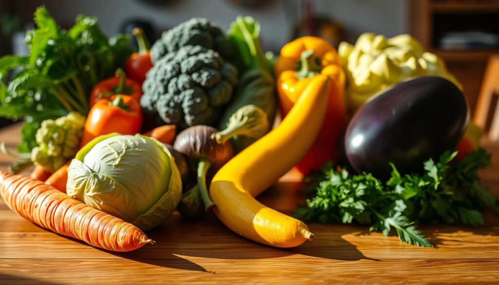A lush, vibrant scene of an assortment of fresh vegetables arranged artfully on a wooden table. In the foreground, a crisp green cabbage, a juicy carrot, and a bright yellow squash take center stage, casting soft shadows under warm, natural lighting. In the middle ground, a mix of other nutrient-rich veggies like broccoli, bell peppers, and a large, purple-hued eggplant create a visually appealing, balanced composition. The background is slightly blurred, hinting at a cozy, domestic setting, perhaps a kitchen or dining room, conveying a sense of wholesome, earthy nourishment. The overall mood is one of health, vitality, and the suitability of these selected vegetables as a beneficial addition to a dog's diet.