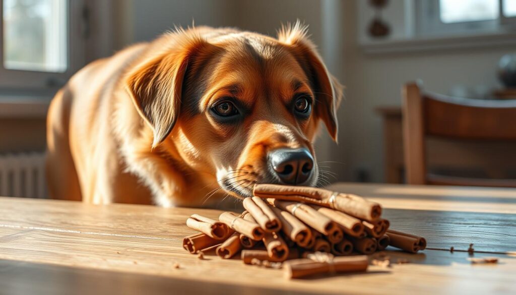 A medium-sized brown dog cautiously sniffing a pile of cinnamon sticks on a wooden table, natural sunlight streaming through a window and casting warm shadows, the dog's expression conveying a mix of curiosity and slight apprehension, the cinnamon's warm, earthy aroma permeating the scene, a sense of tranquility and thoughtfulness pervading the composition.