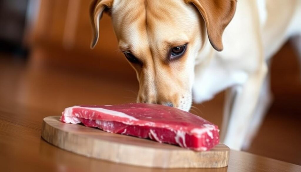 A medium-sized dog, a Labrador retriever, is intently sniffing and examining a raw piece of red meat lying on a wooden surface. The dog's eyes are focused, its ears perked up, and its body language suggests curiosity and a desire to investigate the unfamiliar food item. The scene is captured in warm, natural lighting, with a slightly blurred background that emphasizes the dog and the meat. The overall mood is one of exploration and the potential for the dog to consume the raw meat, reflecting the question posed in the article's section title.