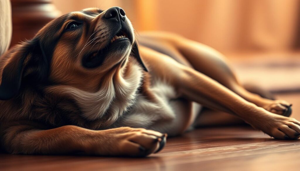 A medium-sized dog lying on its side, its head tilted back slightly, mouth slightly open, a pained expression on its face. The dog's body is tense, with its legs curled in slightly. The lighting is soft and warm, creating a gentle, almost melancholic atmosphere. The background is slightly blurred, with hints of a cozy, domestic setting, such as a hardwood floor or a plush rug. The focus is on the dog's face and body, capturing the subtle signs of discomfort or distress that accompany the characteristic "wheezing" or "groaning" sounds of a dog in pain or discomfort.