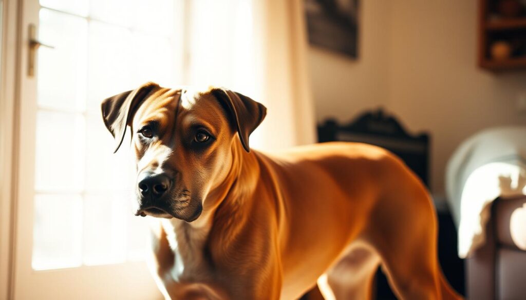 A middle-aged dog standing in a warm, sun-dappled room, gazing thoughtfully at the viewer. The dog's posture is relaxed yet alert, with a calm, mature expression. The lighting is soft and diffused, creating gentle shadows that highlight the dog's facial features and muscular build. The background is slightly blurred, but suggests a cozy, domestic setting, perhaps with hints of furniture or decor. The overall atmosphere conveys a sense of tranquility and the dog's transition from the playful energy of puppyhood to the dignified presence of an adult canine companion.