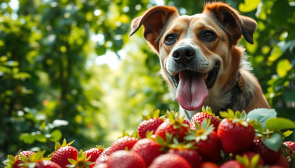 A mischievous dog eagerly eyeing a pile of ripe, red strawberries, its tongue hanging out in anticipation. The scene is set in a lush, verdant garden, with dappled sunlight filtering through the leaves. In the foreground, the dog's focused gaze and alert posture convey the potential dangers of the situation, as strawberries can be toxic to canines. The middle ground features the tempting strawberries, their vibrant color and juicy texture drawing the dog's attention. The background showcases a tranquil, idyllic setting, hinting at the potential consequences if the dog were to indulge in the forbidden fruit.