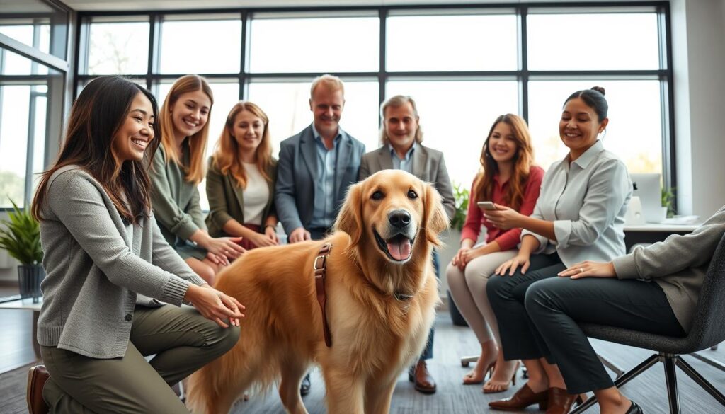 A modern office interior with large windows, natural light streaming in. In the center, a group of happy, healthy employees are gathered around a friendly golden retriever, petting and playing with the dog. The atmosphere is relaxed and productive, with the dog serving as a calming, stress-relieving presence. In the background, a potted plant and minimal, contemporary decor create a soothing, professional ambiance. The camera angle is slightly elevated, capturing the scene from an eye-level perspective, conveying a sense of warmth and approachability. The lighting is soft and diffused, highlighting the positive energy and benefits of having a canine companion in the workplace. A modern office interior with large windows, natural light streaming in. In the center, a group of happy, healthy employees are gathered around a friendly golden retriever, petting and playing with the dog. The atmosphere is relaxed and productive, with the dog serving as a calming, stress-relieving presence. In the background, a potted plant and minimal, contemporary decor create a soothing, professional ambiance. The camera angle is slightly elevated, capturing the scene from an eye-level perspective, conveying a sense of warmth and approachability. The lighting is soft and diffused, highlighting the positive energy and benefits of having a canine companion in the workplace.
