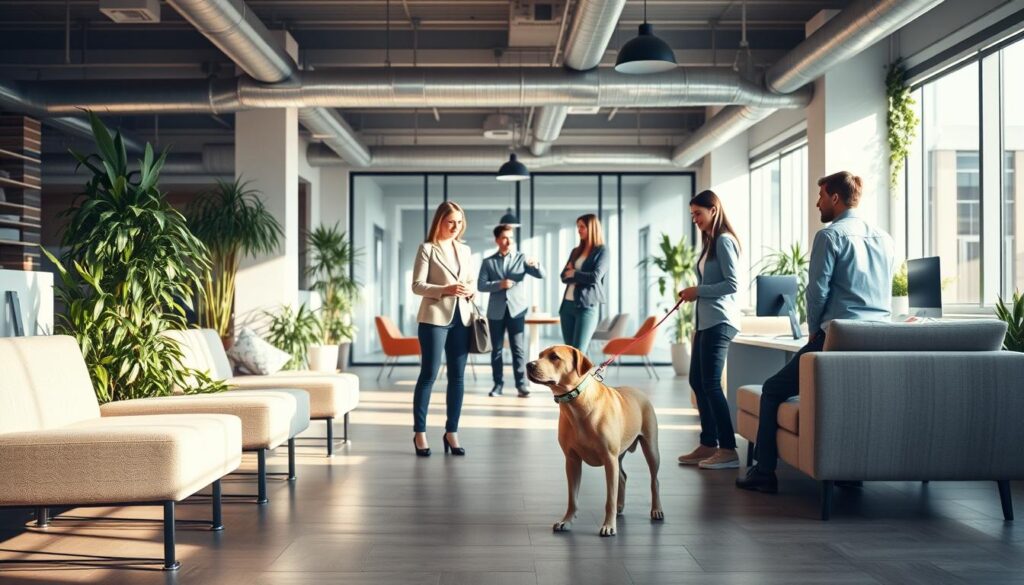 A modern open-plan office with cozy seating areas, potted plants, and a central gathering space. In the foreground, a group of office employees engage with a well-behaved, leashed dog, illustrating the legal regulations around animals in the workplace. The lighting is warm and natural, with soft shadows and highlights. The overall atmosphere is one of productivity, comfort, and a progressive work culture that embraces the benefits of having pets in the office. A modern open-plan office with cozy seating areas, potted plants, and a central gathering space. In the foreground, a group of office employees engage with a well-behaved, leashed dog, illustrating the legal regulations around animals in the workplace. The lighting is warm and natural, with soft shadows and highlights. The overall atmosphere is one of productivity, comfort, and a progressive work culture that embraces the benefits of having pets in the office.