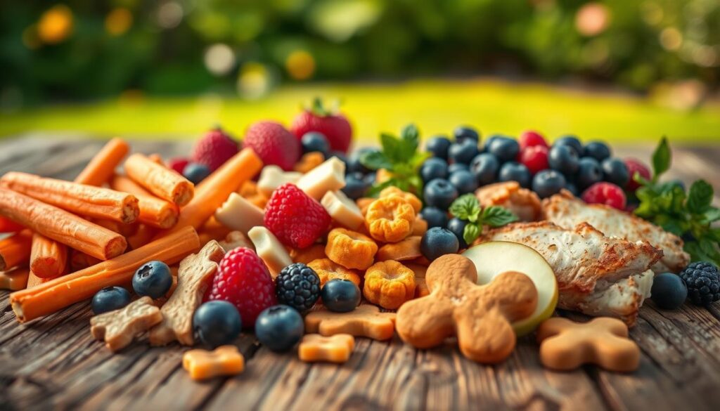 A mouth-watering spread of healthy dog treats, artfully arranged on a rustic wooden surface. In the foreground, crunchy carrot sticks, juicy apple slices, and tender pieces of cooked chicken are meticulously placed. The middle ground showcases a variety of colorful berries, such as blueberries and raspberries, their vibrant hues contrasting against the natural tones of the wood. The background features a softly blurred, serene garden scene, hinting at the natural origins of these nutritious snacks. Warm, directional lighting casts a gentle glow, highlighting the textures and inviting the viewer to imagine the satisfying crunch and flavor of these wholesome, dog-friendly delights.