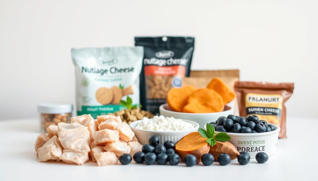 A neatly arranged display of various dog-friendly food alternatives to cottage cheese, set against a clean, minimalist background. In the foreground, an assortment of natural, whole-food options such as boiled chicken, steamed sweet potatoes, and fresh blueberries. In the middle ground, a selection of high-quality, nutrient-dense commercial dog treats. The background features a soft, diffused lighting that creates a calming, inviting atmosphere, emphasizing the healthy, natural theme. The composition and styling convey a sense of balance, simplicity, and suitability for a canine's dietary needs.