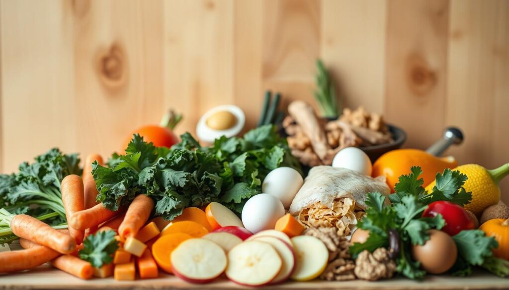 A neatly arranged still life showcasing an assortment of healthy dog food alternatives. In the foreground, an array of fresh fruits and vegetables, including carrots, apples, sweet potatoes, and leafy greens, all carefully sliced and presented. In the middle ground, a variety of protein sources such as cooked chicken, eggs, and natural treats like dried meat or fish. The background features a backdrop of wooden surfaces, creating a warm, rustic ambiance. Soft, natural lighting illuminates the scene, highlighting the vibrant colors and textures of the healthy dog food options. The overall composition conveys a sense of balance, nutrition, and pet wellness.