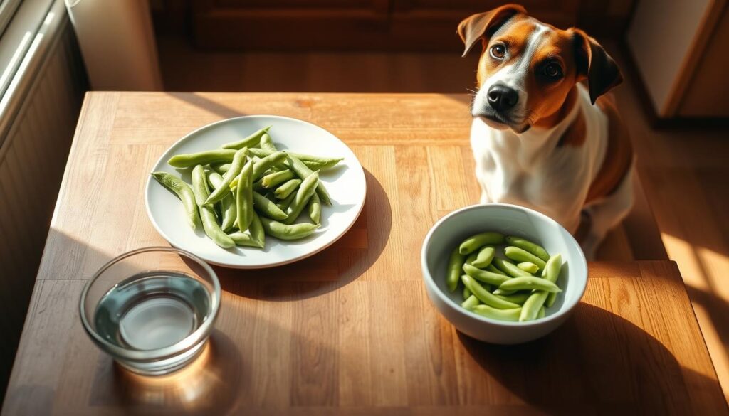 A neatly arranged wooden table with a plate of freshly steamed broad beans, a shallow bowl of water, and a well-groomed, attentive dog sitting patiently beside it. The scene is bathed in warm, natural lighting, creating a cozy, inviting atmosphere. The dog's expression conveys anticipation, as if awaiting permission to enjoy the healthy treat. The composition emphasizes the simplicity and care involved in properly serving broad beans to a canine companion, capturing the essence of the recommended guidelines.