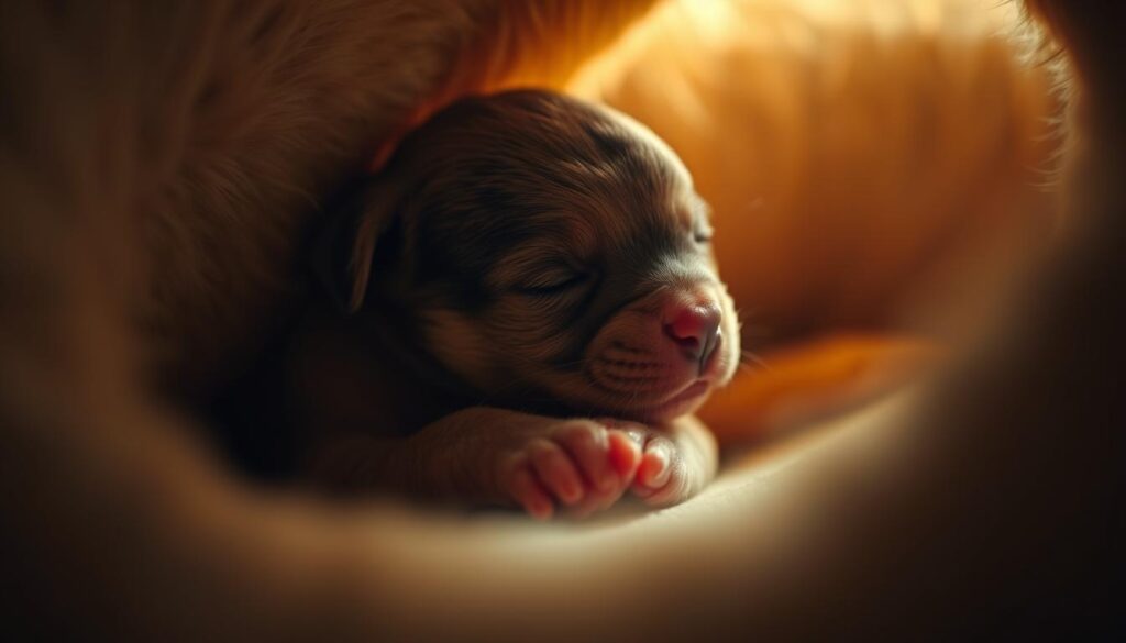 A newborn puppy nestled in a cozy, dimly lit environment. The pup's delicate features are gently illuminated, revealing its closed eyes, tiny paws, and soft fur. The background is blurred, creating a sense of intimacy and focus on the newborn's vulnerable state. The lighting is warm and natural, evoking a peaceful, nurturing atmosphere. The camera angle is slightly elevated, capturing the puppy's small, curled-up form from an endearing perspective. This image conveys the essence of the neonatal stage, when a puppy is entirely dependent on its mother and the early days of its development.