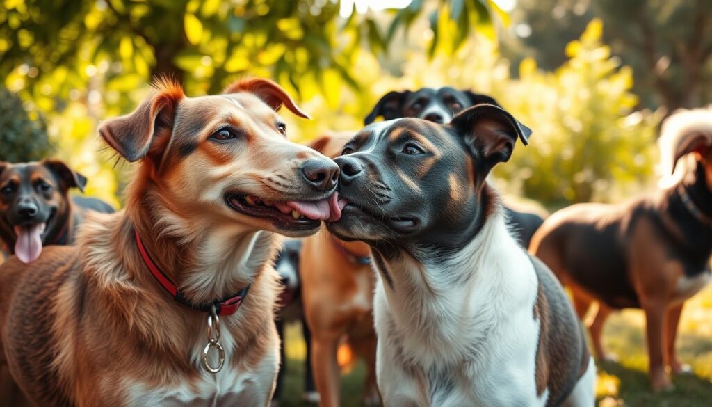 A pack of playful dogs engaging in friendly licking behavior, captured in a vibrant, naturalistic setting. In the foreground, two canines gently lick each other's faces, their expressions conveying affection and social bonding. The middle ground features additional dogs observing or participating in the interaction, showcasing the communicative and social aspects of this behavior. The background depicts a sun-dappled, verdant outdoor environment, with lush foliage and soft, warm lighting that enhances the serene, peaceful mood. The overall scene emphasizes the significance of licking as a crucial component of canine communication and social interaction.