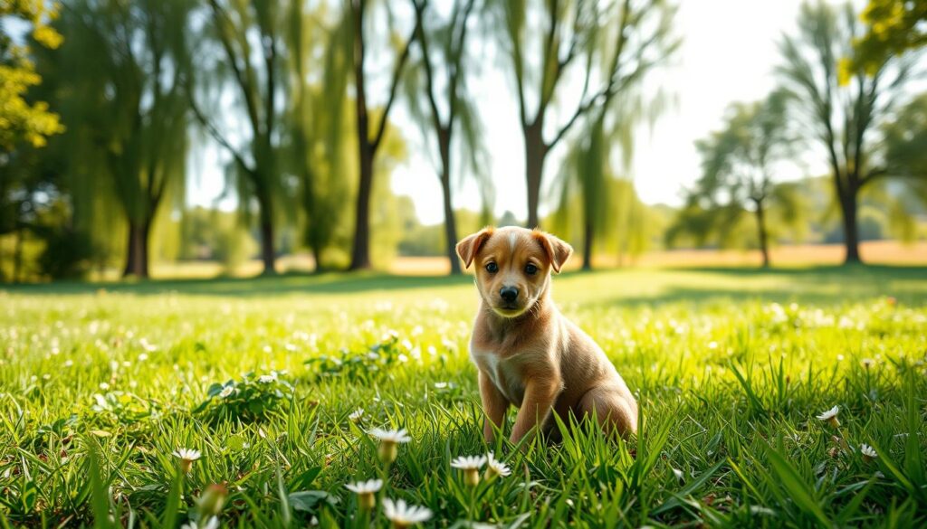 A peaceful and serene outdoor scene depicting the socialization period of a young puppy. In the foreground, a playful pup sits amidst lush greenery, its innocent gaze radiating curiosity. The middle ground features a grassy field dotted with wildflowers, creating a tranquil atmosphere. In the background, a row of tall, swaying trees provides a natural, soothing backdrop, casting a warm, dappled light across the entire scene. The overall mood is one of wonder, growth, and the joyful exploration of a puppy's formative years, capturing the essence of the socialization stage in a dog's development.