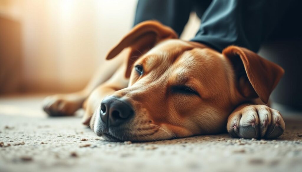 A peaceful and tranquil scene of a dog resting its head on its owner's feet, conveying a sense of calming and reassurance. The dog's eyes are soft and attentive, its body language relaxed and trusting. Warm, natural lighting casts a gentle glow, creating an atmosphere of comfort and connection. The background is softly blurred, allowing the focus to remain on the intimate moment between the dog and its human companion. The camera angle is slightly low, capturing the dog's perspective and the feeling of being cared for and understood. The overall composition evokes a sense of emotional intimacy and the dog's ability to read and respond to its owner's mood.