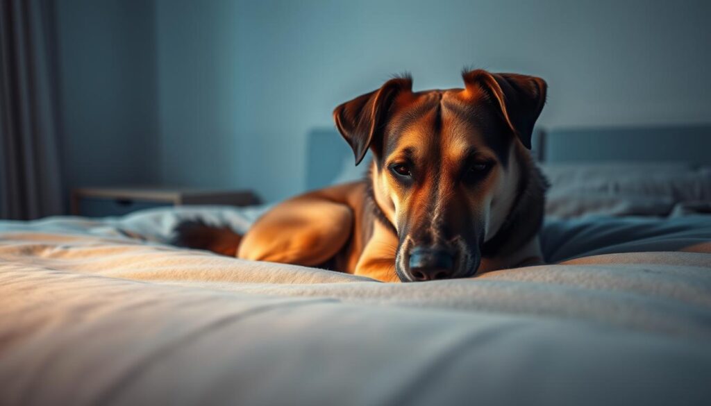 A peaceful, dimly lit bedroom scene. On a soft, plush bed, a medium-sized dog lies comfortably, eyes gently closed, surrounded by soothing shades of blue and gray. Warm, ambient lighting creates a calming atmosphere, casting a gentle glow on the dog's fur. The room is uncluttered, with a minimalist design, allowing the viewer to focus on the tranquil moment. The dog's relaxed posture and serene expression convey a sense of comfort and security, as if the optimal time for the dog's peaceful rest has arrived.