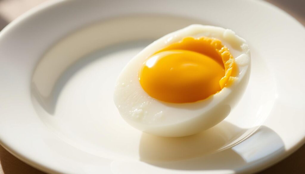 A perfectly cooked hard-boiled egg, its golden yolk nestled within a firm white, rests on a clean, white plate. The lighting is soft and natural, casting gentle shadows that accentuate the egg's smooth, shiny surface. The composition is simple and uncluttered, allowing the viewer to focus on the egg's form and texture. The image conveys a sense of simplicity and nourishment, hinting at the safe and healthy nature of this canine-friendly snack. The overall mood is calm and inviting, reflecting the article's reassuring message about the suitability of hard-boiled eggs for dogs.