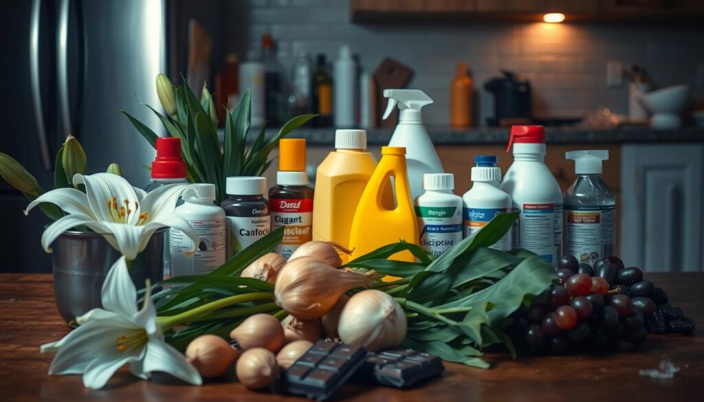A photo showcasing various household items that are toxic and dangerous for dogs. In the foreground, a selection of common household plants, such as lilies, onions, and chocolate, arranged on a wooden table. In the middle ground, a group of over-the-counter medications, cleaning products, and other chemicals in their original packaging. In the background, a dimly lit kitchen counter with a few discarded food items, like grapes and raisins, that can also be hazardous for canines. The lighting is soft and moody, creating a sense of caution and awareness. The overall composition emphasizes the importance of pet safety and highlights the need for responsible pet ownership.