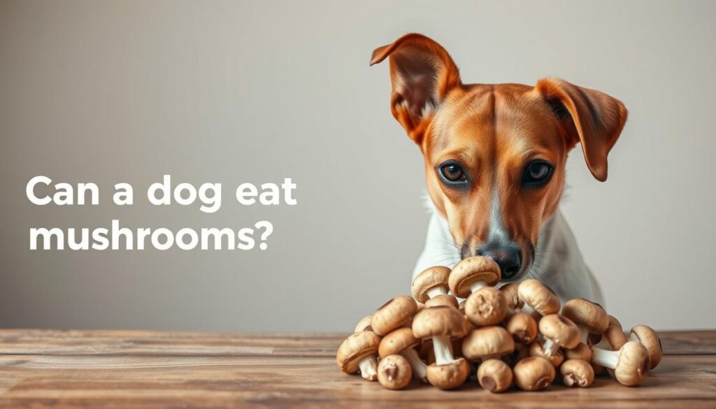 A photorealistic image of a curious dog sniffing a pile of fresh, brown mushrooms on a wooden table. The dog's head is tilted slightly, with a questioning expression. The mushrooms are displayed against a neutral, minimalist background, with soft, natural lighting highlighting their textures and details. The scene conveys a sense of uncertainty and caution, reflecting the question "Can a dog eat mushrooms?".