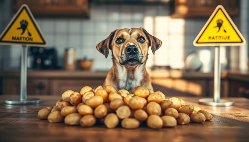 A pile of cooked potatoes sits on a wooden table, surrounded by warning signs and a concerned-looking dog. The potatoes are highlighted with warm, natural lighting, casting subtle shadows across the surface. The dog is positioned in the foreground, its head tilted slightly to the side, conveying a sense of caution and uncertainty. The background is slightly blurred, but hints at a domestic kitchen setting, emphasizing the hazardous nature of the scene. The overall mood is one of caution and awareness, highlighting the potential dangers of feeding potatoes to dogs.