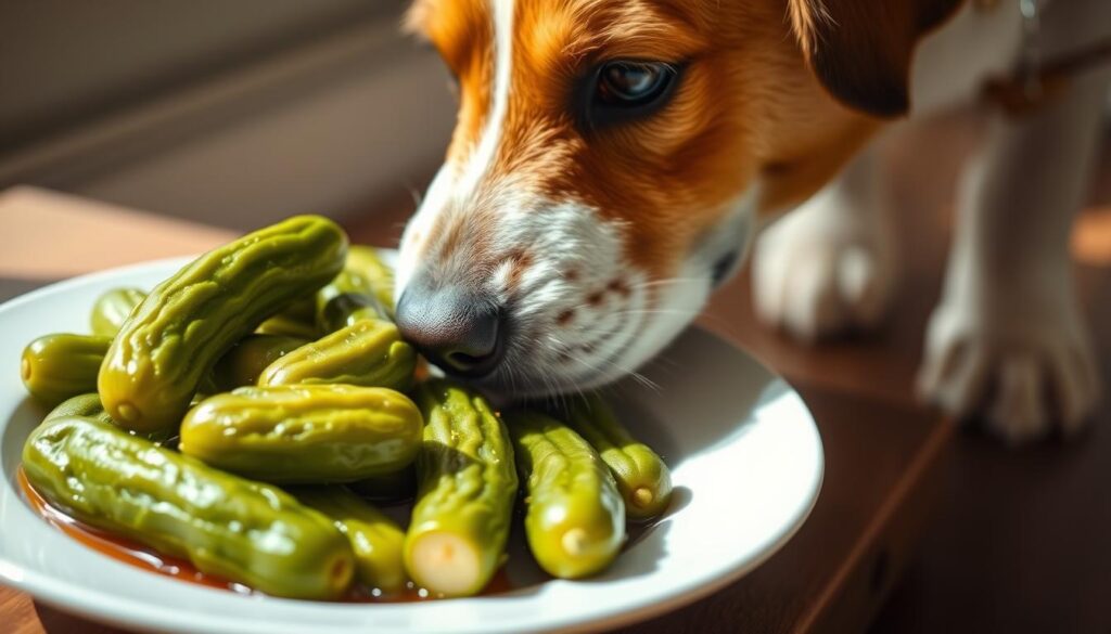 A plate of freshly pickled gherkins, their vibrant green hues glistening under warm, natural lighting. The cucumbers are neatly arranged, their wrinkled skin and tantalizing brine accentuating their earthy, pungent aroma. In the foreground, a dog's curious snout approaches, its attentive gaze fixed on the tempting pickle display. The background is softly blurred, placing the focus on the delicate interplay between man's best friend and the tantalizing pickled delicacy. The scene exudes a sense of playful curiosity and the potential for a cautious, yet rewarding, shared indulgence.