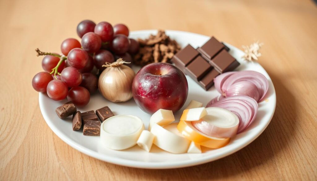 A plate of various dangerous human foods for dogs, including grapes, onions, chocolate, and a single large plum in the center. The foods are arranged on a wooden table with a neutral background, illuminated by warm natural lighting from the side. The image conveys a sense of warning and caution, highlighting the potential risks of these common household items to a pet's health and well-being.