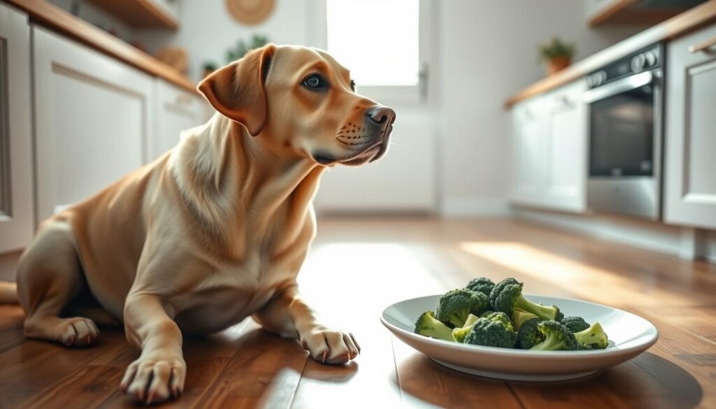 A playful Labrador retriever sitting on a wooden floor, curiously eyeing a plate of fresh broccoli florets. Soft, natural lighting filters in through a nearby window, casting a warm glow on the scene. The dog's attentive expression and tilted head suggest both interest and hesitation, as if pondering whether to indulge in the green vegetable. The background is a cozy, minimalist kitchen, with clean white walls and simple furnishings that allow the main subjects to take center stage. An atmosphere of contemplation and wonder pervades the image, inviting the viewer to consider the relationship between dogs and human foods.