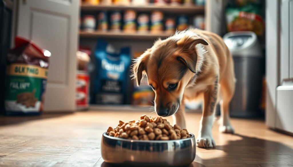 A playful canine standing in the foreground, curiously sniffing a bowl of feline kibble. The dog's attentive gaze and tilted head suggest a quizzical expression, as if pondering the unfamiliar meal. In the middle ground, a well-stocked pantry with various pet food bags and cans, casting a warm, natural light across the scene. The background softly blurs, creating a cozy, domestic atmosphere, hinting at the home environment where this interaction takes place. Subtle shadows and highlights accentuate the tactile textures of the dog's fur and the kibble, inviting the viewer to imagine the sensory experience. An intriguing exploration of the differences between canine and feline dietary needs.