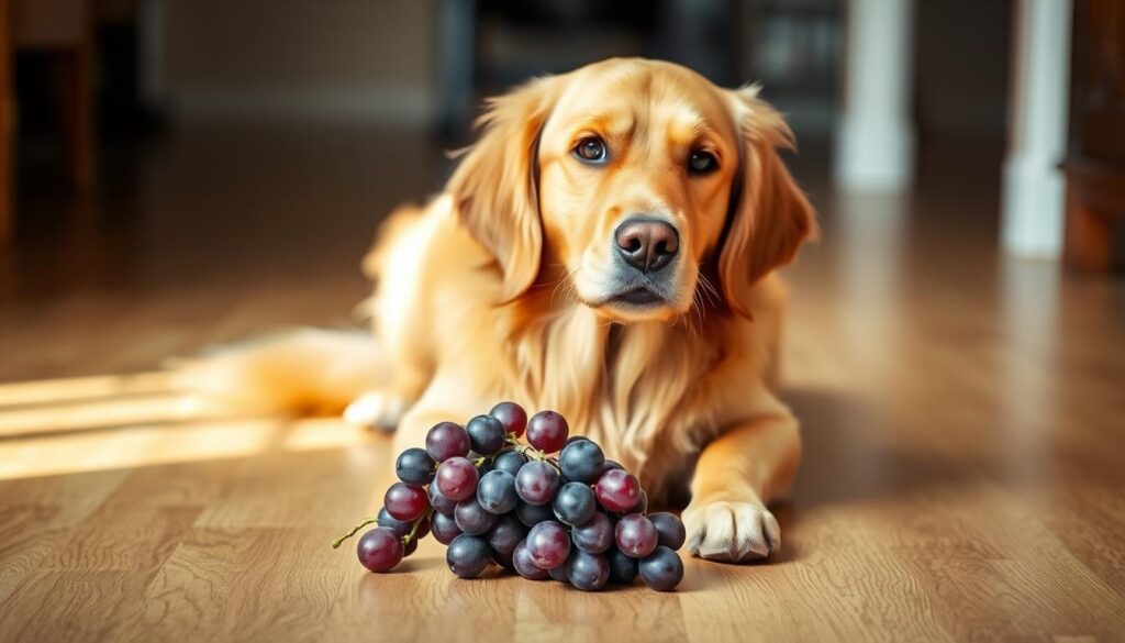 A playful golden retriever sitting on a wooden floor, gazing curiously at a cluster of vibrant purple grapes placed in front of it. The dog's expression is one of eager anticipation, its head tilted slightly to the side as if pondering whether to take a nibble. The lighting is soft and natural, casting a warm glow on the scene. The background is blurred, allowing the viewer's focus to remain on the dog and the grapes, which are the central subjects. The composition is balanced, with the dog and the grapes occupying the center of the frame. The overall mood is one of curiosity and tranquility, inviting the viewer to contemplate the potential dangers of a dog consuming grapes.